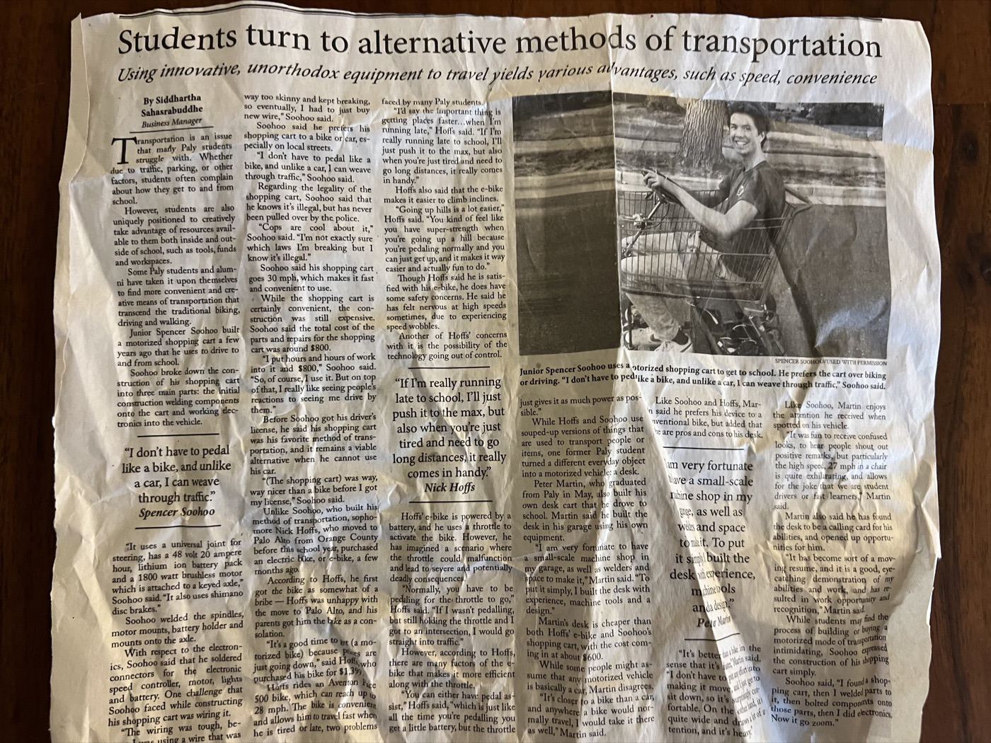 Newspaper article titled Students turn to alternative methods of transportation, featuring Spencer