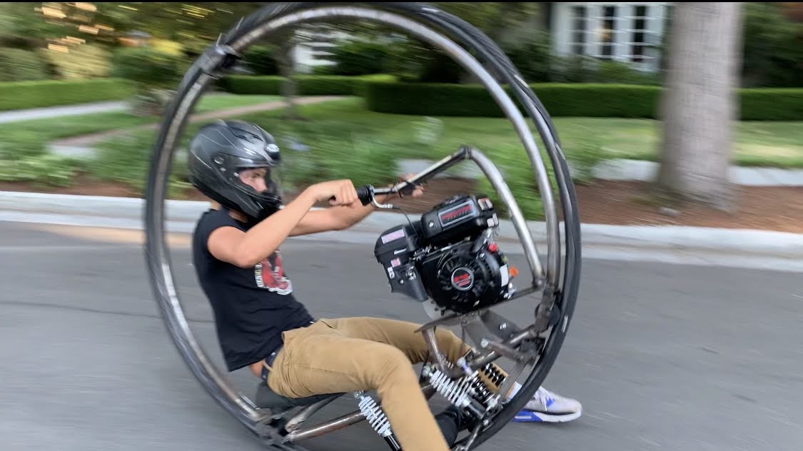 Spencer riding the monowheel at speed