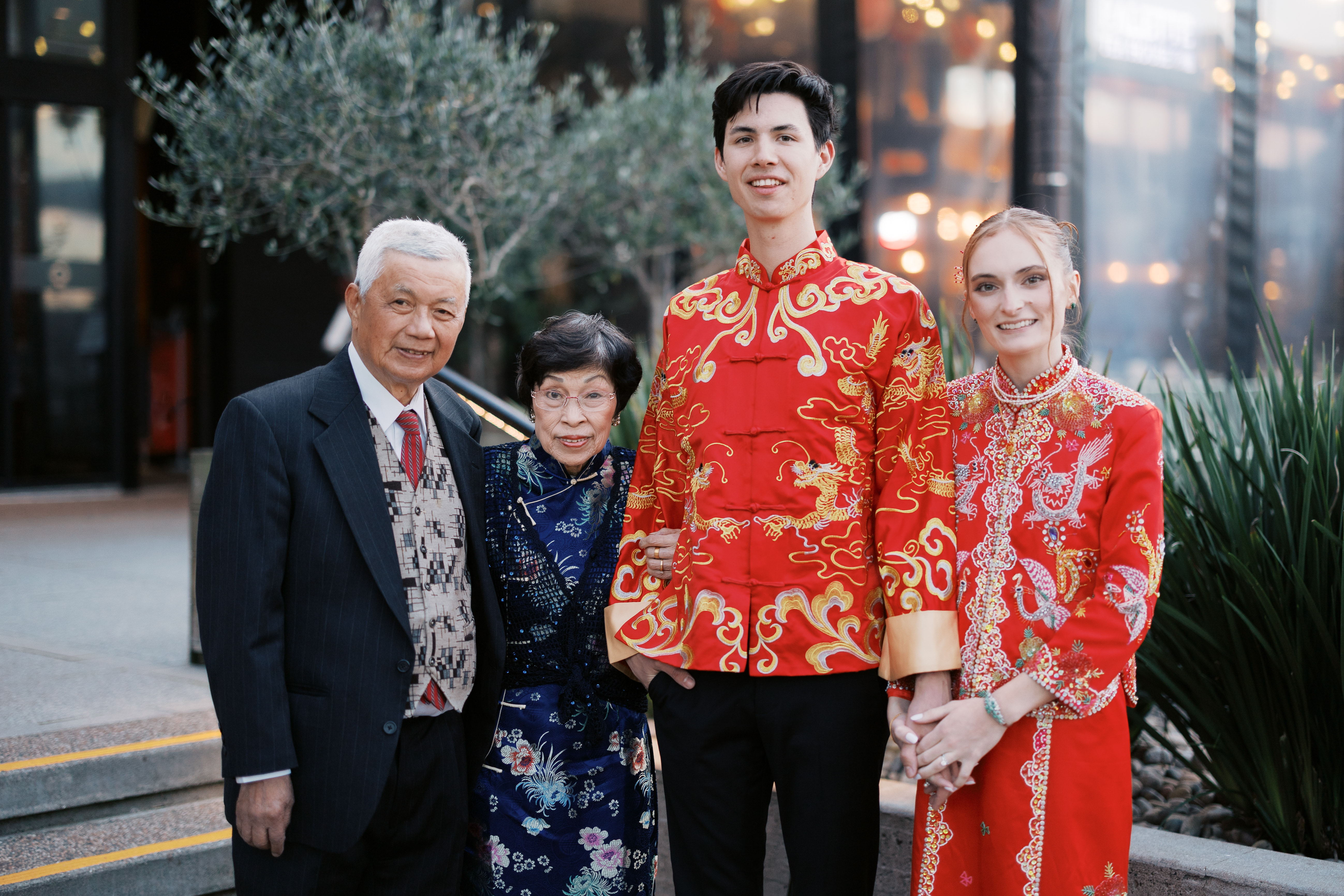 Spencer and Kali with grandparents in Chinese wedding attire